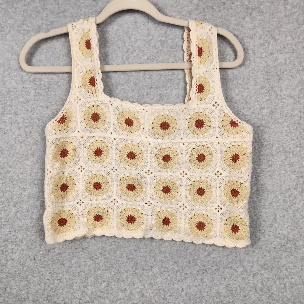 Rebellion Again‎ Crochet Crop Top Womens Small Floral Retro Boho Tank Top Shirt